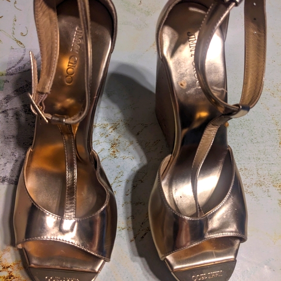 Jimmy Choo Shoes - Jimmy Choo Gold Patent Leather Pela Cork Wedge T Strap Sandal IT/EU 39 US 8/8.5